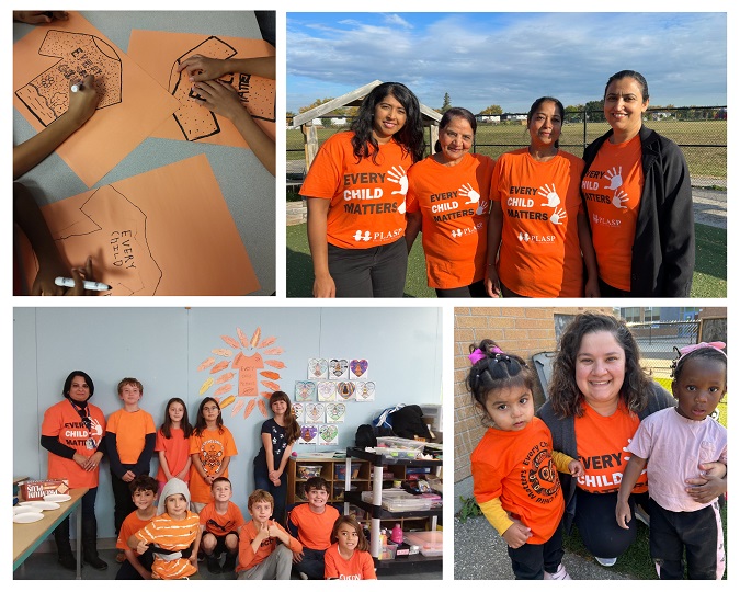 Collage of staff and children wearing orange